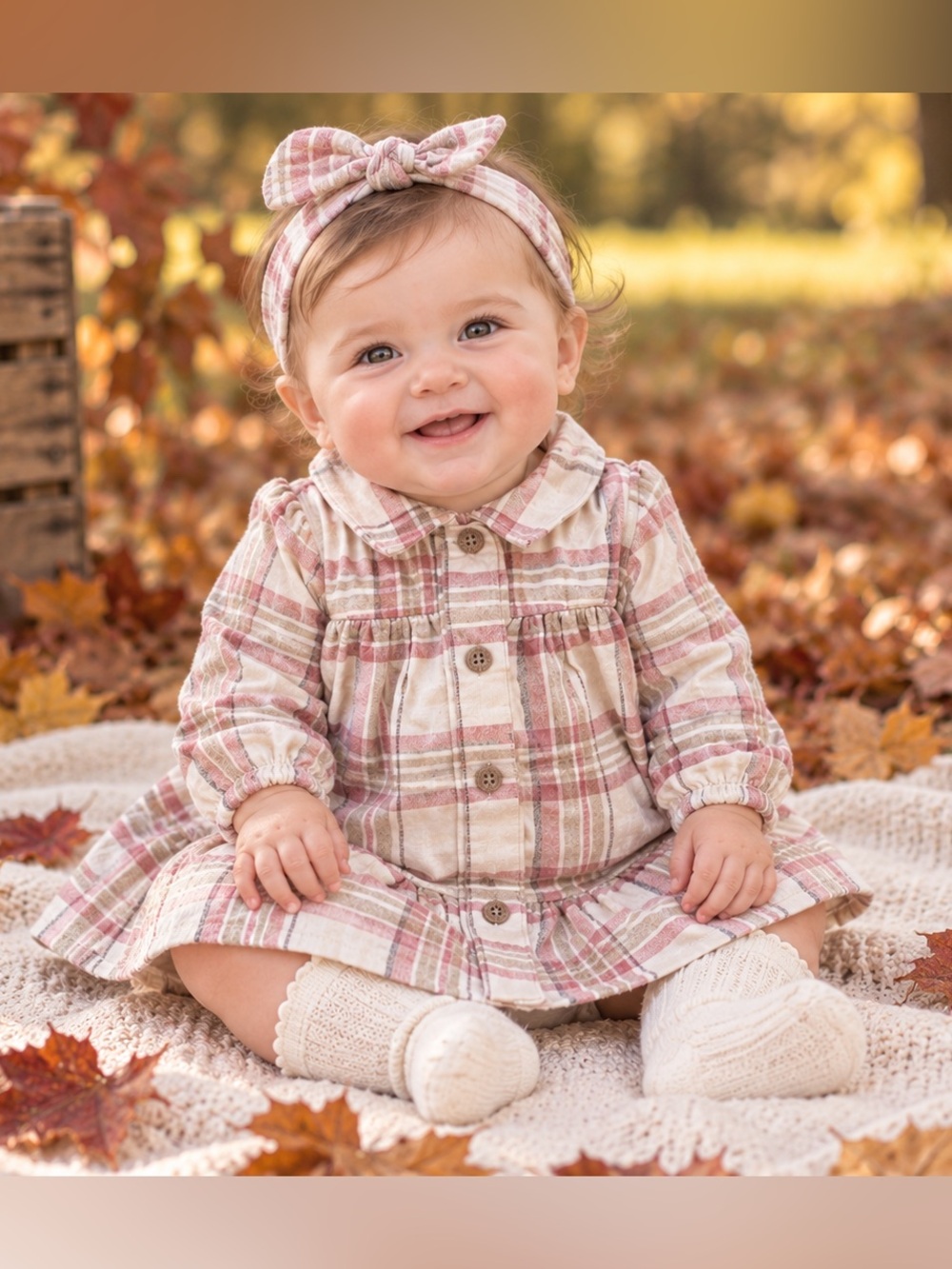 Carter’s Plaid Flannel Long Sleeve Dress With Headband Girls Size 6 Months
